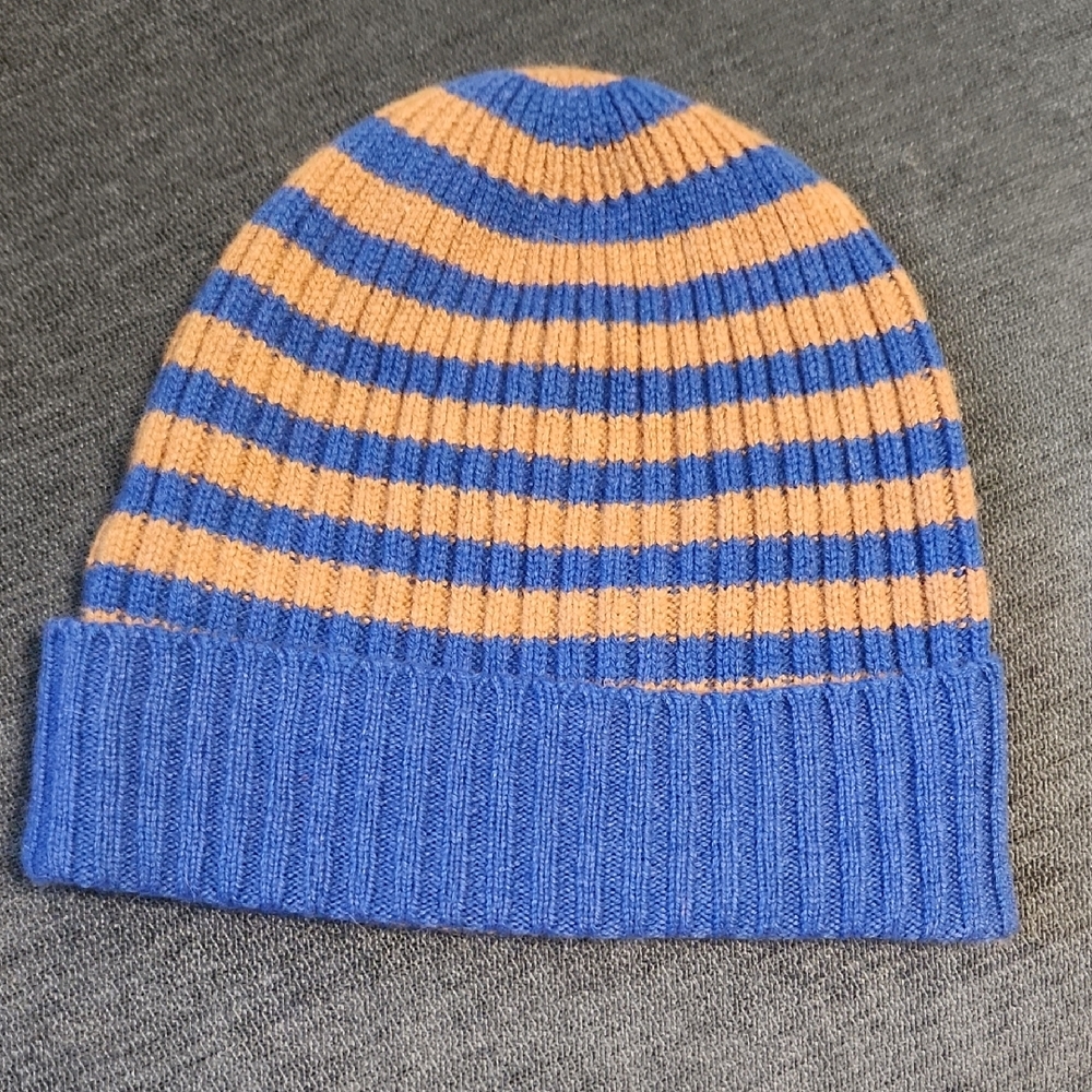 NWOT, Striped Blue and Tan Cashmere Nepal Unisex  Beanie OS